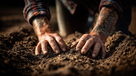 Close-up view of weathered hands working the soil, emphasizing the connection between man and earth in agriculture. The scene captures dedication and vitality.の素材