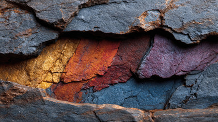 Close-up of a natural rock formation revealing vibrant layers of colors including red, yellow, and blue, highlighting unique textures and patterns.の素材