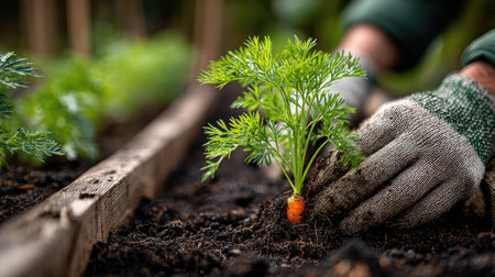 A gardener's hand carefully plants a young carrot seedling into rich, dark soil in a garden bed, showcasing the beauty of nurturing growth.の素材