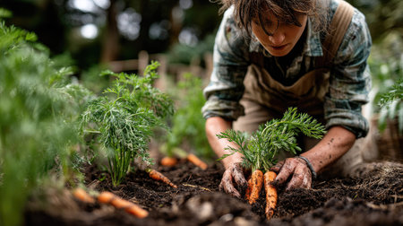 A dedicated gardener works diligently in a vibrant organic vegetable garden, planting fresh carrots surrounded by rich earth and healthy greenery, emphasizing sustainable farming practices.の素材