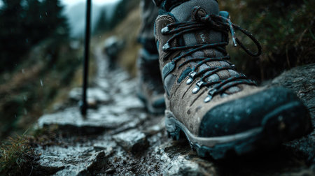 A close-up view of a hiking boot on a rocky trail, showcasing the rugged footwear used for outdoor adventures in a rainy, natural landscape.の素材