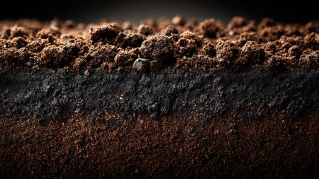 This macro shot showcases the rich textures and layers of dark soil, highlighting its organic composition and earthy tones, perfect for ecological themes.の素材