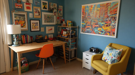 This vibrant creative workspace features a modern desk, colorful decor, and inspiring wall art, perfect for productivity and comfort in any home.の素材