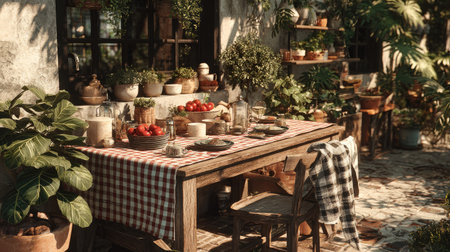 A charming outdoor dining space features a rustic wooden table adorned with a checkered tablecloth and fresh produce. Lush greenery surrounds.の素材