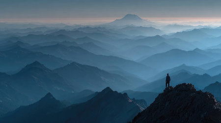 A stunning view from a mountain summit showcases layered blue peaks at dusk, creating a serene and tranquil atmosphere for any adventurer.の素材