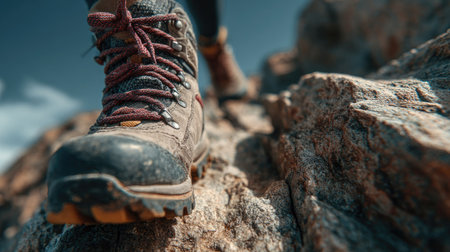 A close-up view of a hiking boot gripping rocky terrain, showcasing the rugged design ideal for outdoor adventures. The bright sky enhances the spirit of exploration.の素材