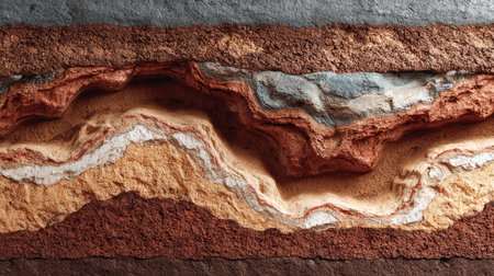 This image features intricate geological layers, displaying a rich array of colors and textures typical of sedimentary rock formations. Perfect for nature and geology themes.の素材