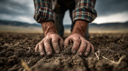 A pair of hands kneels on rich, dark soil in a preparing field, showcasing the labor and dedication of farming amidst a dramatic sky.の素材