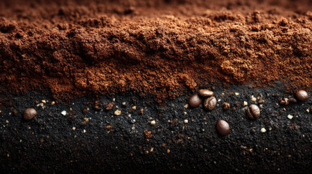 Close-up view of rich layers of ground coffee showcasing deep textures and fresh coffee beans against a dark background, emphasizing the gourmet aspect.の素材