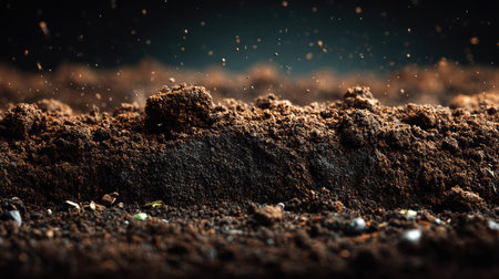 This striking close-up image showcases rich, dark soil with fine dust particles rising, emphasizing its importance for plant growth and ecological balance.の素材