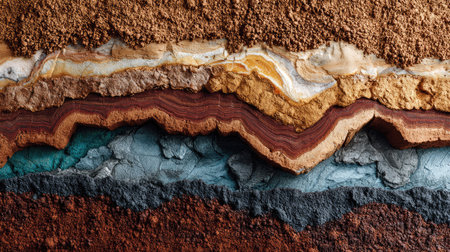 This image presents a colorful cross-section of the Earth's layers, showcasing a variety of textures and colors found in soil and rock formations.の素材