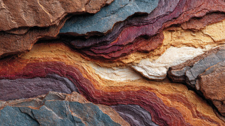 Close-up of colorful layers of natural stone formations, capturing the rich textures and vivid colors that illustrate the beauty of geological processes.の素材