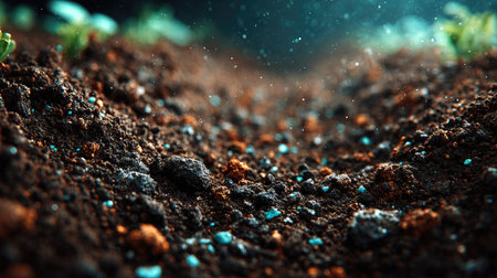 A close-up view of moist soil featuring water droplets, showcasing the intricate texture and vibrant life beneath the surface in a natural environment.の素材
