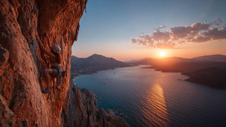 A climber skillfully navigates a rocky cliff as the sun sets, creating a stunning backdrop of mountains and ocean. This scene captures the essence of adventure and determination.の素材
