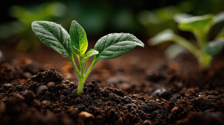 A captivating close-up image of a fresh green seedling rising from dark soil, representing new life and growth in a natural environment.の素材