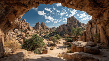 Captivating view of a desert landscape showcasing unique rock formations under a bright blue sky filled with fluffy clouds and serene surroundings.の素材