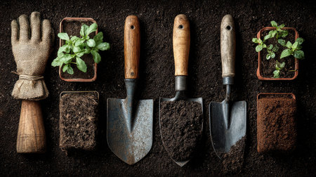 A top view of gardening tools arranged on dark soil with seedlings in plant trays, showcasing a connection to nature and the joy of planting.の素材