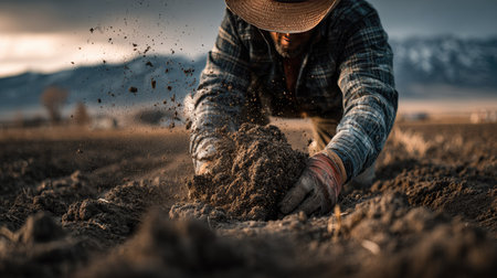 A dedicated farmer works the soil under a picturesque sunset, scattering dust while preparing the earth for planting in a peaceful rural setting.の素材