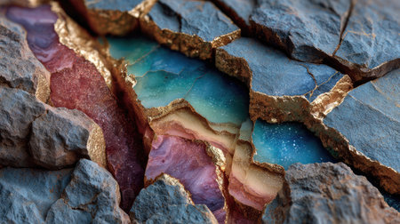 This captivating image showcases a detailed view of cracked stone, revealing vibrant layers of color interspersed with luxurious gold veins, creating a stunning visual experience.の素材