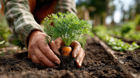 A dedicated gardener gently plants a fresh carrot seedling in the rich, dark soil of an outdoor garden, showcasing the beauty of sustainable agriculture.の素材