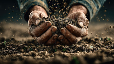 A close-up image of hands carefully holding dark soil, with small particles of dirt rising around them, depicting the bond between humans and nature.の素材