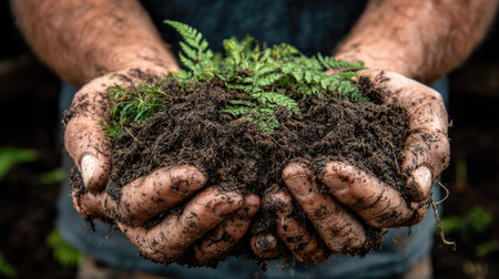 A pair of hands cradles a clump of rich, dark soil, showcasing vibrant green ferns, symbolizing growth and a connection to nature's bounty.の素材
