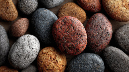 This image showcases a collection of natural smooth stones, highlighting their unique textures and colors. The stones are arranged on a wooden surface, creating a calming and serene visual that evokes the beauty of nature.の素材