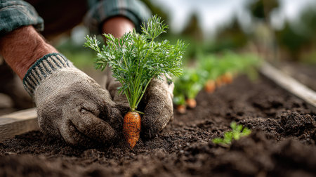 A close-up view of hands planting a fresh carrot seedling into rich dark soil, showcasing the beauty of gardening and the joy of nurturing plants.の素材