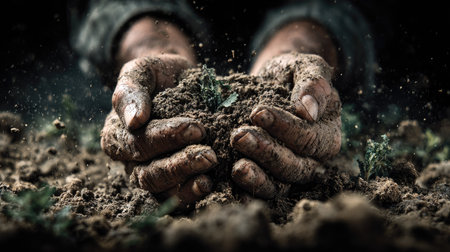 A close-up shot of dirty hands holding rich soil with small green sprouts emerging, symbolizing growth and connection to nature in agriculture.の素材