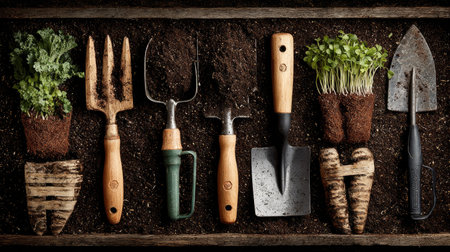 A beautifully arranged display of essential gardening tools set against dark soil, featuring green sprouts and crafted pots showcasing nature's growth.の素材