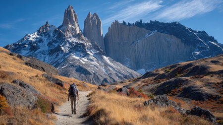 A lone hiker traverses a winding path in Torres del Paine National Park, surrounded by towering mountains and stunning natural scenery, capturing the essence of adventure.の素材