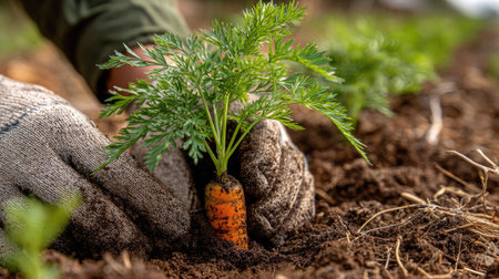 A dedicated gardener carefully harvests a fresh carrot from the fertile soil, showcasing the connection between hands and nature in an organic vegetable garden.の素材