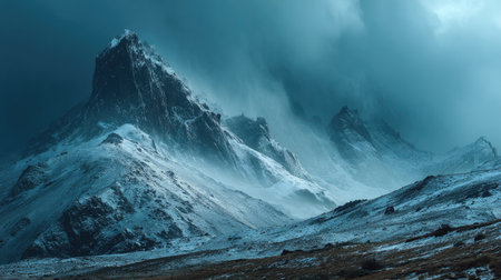Breathtaking view of a towering snow-covered mountain looming against a backdrop of dramatic stormy skies, evoking feelings of adventure and solitude.の素材