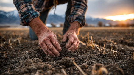 A farmer's hands gently work the fertile soil at sunset, showcasing the connection between nature and cultivation in a scenic agricultural landscape.の素材