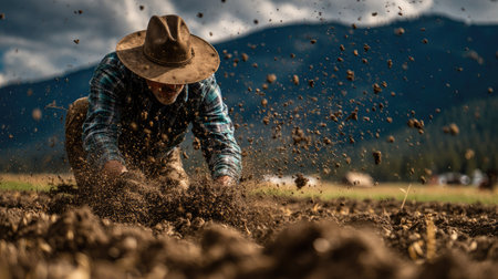 A dedicated farmer kneels in rich soil, hands immersed in earth while working the land, embodying the essence of agriculture and connection to nature.の素材
