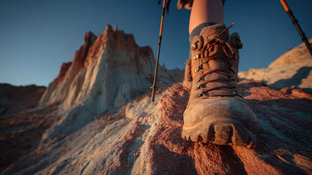 This close-up image captures a hiking boot firmly placed on rocky terrain at sunset, showcasing a spirit of adventure and exploration in nature.の素材