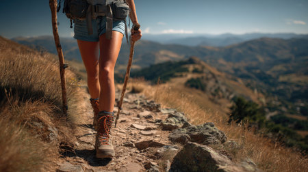 A woman is enjoying a hiking adventure on a rocky trail through stunning mountain scenery. The bright sunlight enhances the natural beauty of the outdoor experience.の素材