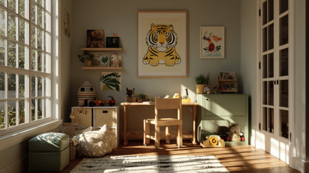 This charming playroom features a vibrant tiger artwork, cozy wooden furniture, and plenty of natural light, creating an inviting space for creativity.の素材