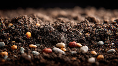 Captured in macro focus, this image showcases the intricate textures of rich soil adorned with various colorful seeds, emphasizing natural growth and agriculture.の素材