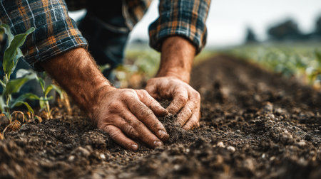 A farmer's hands are immersed in rich soil, showcasing the intimate connection between people and nature while working in a vibrant field of crops.の素材