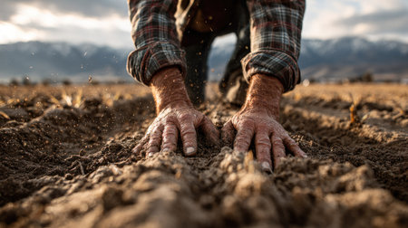 A close-up of a farmer's hands working the soil in an agricultural field during golden hour, capturing the essence of rural life and dedication to cultivation.の素材