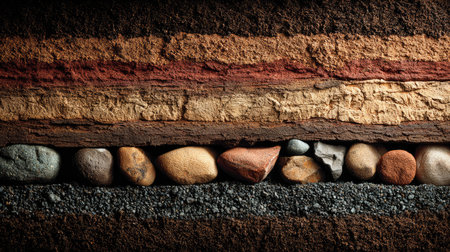 This striking image showcases geological layers of soil and rocks, highlighting diverse textures and colors in a cross-sectional view of Earth's composition.の素材