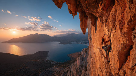 A climber skillfully ascends a rocky cliff during sunset, surrounded by stunning ocean views and mountains. Capture the essence of adventure and nature.の素材