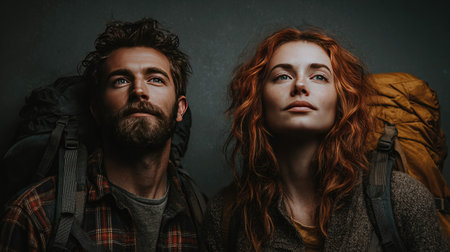 A young couple stands together with backpacks, gazing upwards in a captivating, moody light. Their expressions reflect a sense of adventure and connection with nature.の素材