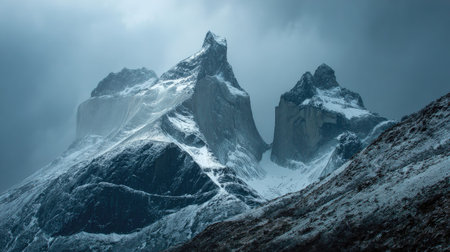 A breathtaking view of towering, snow-covered mountains set against a moody sky in Torres del Paine National Park, showcasing nature's grandeur and beauty.の素材
