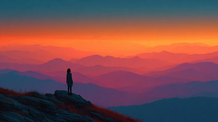 A solitary figure stands on rocky terrain, gazing at a stunning mountain landscape at dusk. The vibrant colors of the sky create a serene atmosphere.の素材