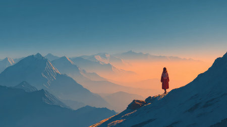 A stunning mountain landscape captures the beauty of dawn with a solitary figure dressed in vibrant robes. The serene atmosphere blends colors, inviting feelings of tranquility and adventure.の素材