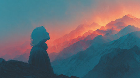 A mesmerizing silhouette of a woman stands against a breathtaking mountain landscape at sunrise, showcasing vibrant colors and a mystical atmosphere.の素材