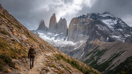 A solo hiker traverses a mountain trail, surrounded by towering peaks and a moody sky. This breathtaking landscape invites adventure and exploration.の素材