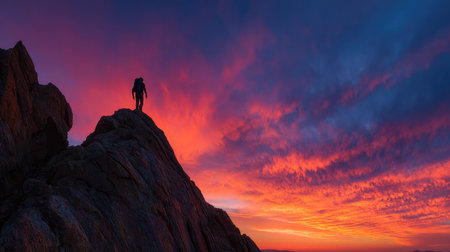 A lone adventurer stands atop a rocky summit, embracing the breathtaking beauty of a vibrant sunset. Colors dance in the sky, showcasing nature's majesty.の素材